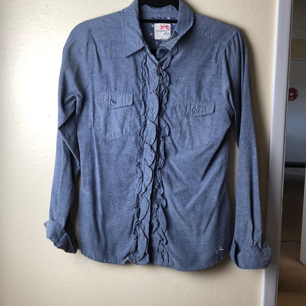 Jean like button up with a flair going down